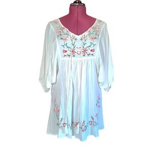 Futurino Mini Dress Floral Embroidery Flowy Sleeves Size Large Cotton Blend